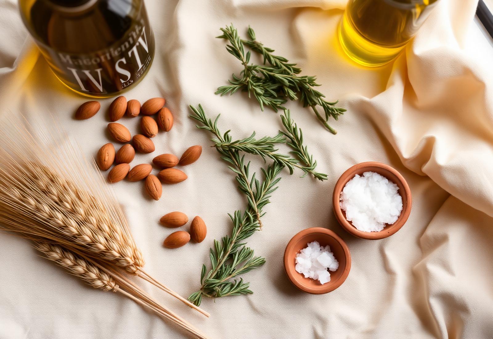 Materie prime artigianali della bottega: grano, mandorle, rosmarino e olio EVO